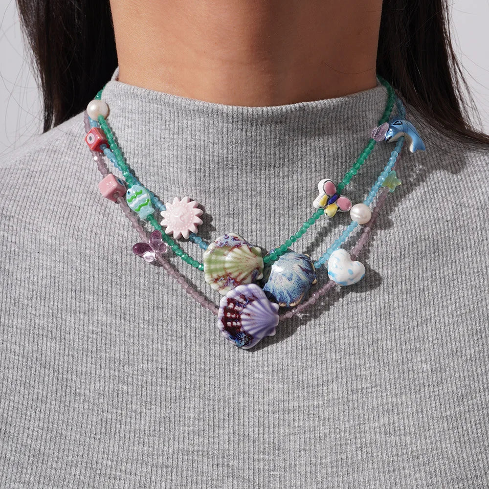Handmade Weave Multi Colored Rice Beads Dolphin Neckalce Women Color Texture Shell Scallop Oysters Summer Beach Charm Jewelry