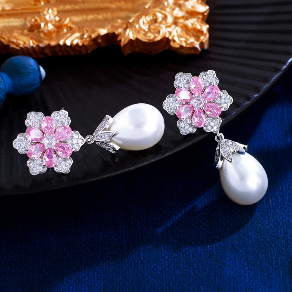 ThreeGraces Delicate Shiny Pink Zirconia Simulated Pearl Long Flower Drop Earrings for Women Bridal Wedding Party Jewelry E1929