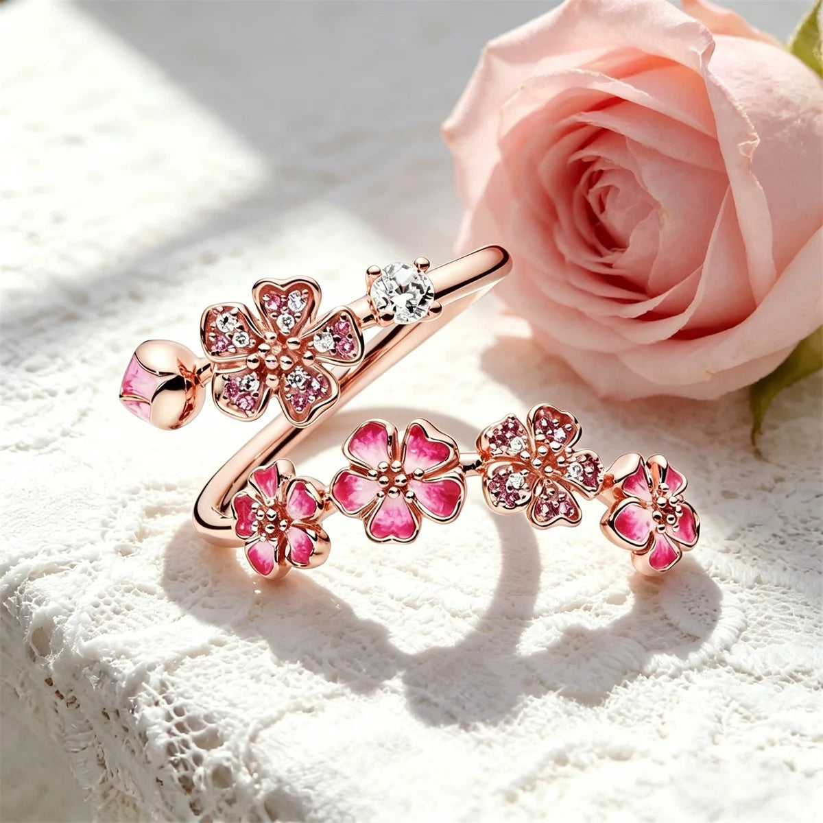 Charm Luxury Female Pink Bule Flower Zircon Stone Adjustable Open Ring RoseGold Silver Color Cute Gift Wedding Jewelry For Women