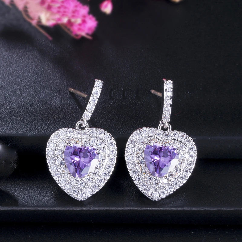 ThreeGraces Fashion Purple Green Zirconia Love Heart Shape Dangle Drop Earrings for Women New Trendy Daily Party Jewelry E1243