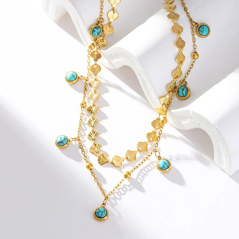 EILIECK 316L Stainless Steel Artificial Turquoise Pendant Necklace for Women Fashion Waterproof 2 Layer Neck Chain Jewelry Gift