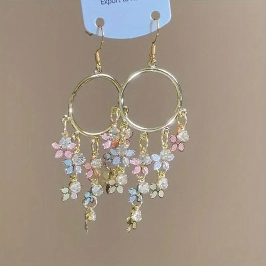 1 Pair of Bohemian Elegant Floral Fringe Pendant Earrings, Suitable for Daily and Wedding Occasions, Suitable for All Seasons