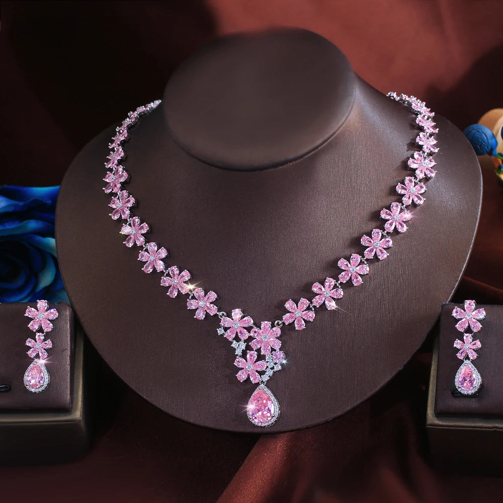 ThreeGraces Vintage Brilliant Pink Water Drop Zirconia Flower Shape Bridal Wedding Evening Party Jewelry Set for Women T1204