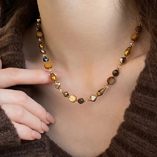 Vintage Handmade Brown Resin Stone Geometry Beaded Choker Clavicle Chain Necklace For Women Trendy Charm Neck Jewelry Gift