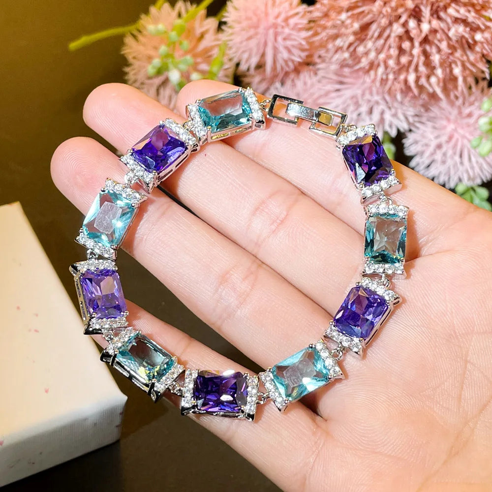 ThreeGraces Elegant Shiny Blue Purple Cubic Zirconia Geometric Rectangle Link Chain Tennis Bracelets for Women Jewelry BR191