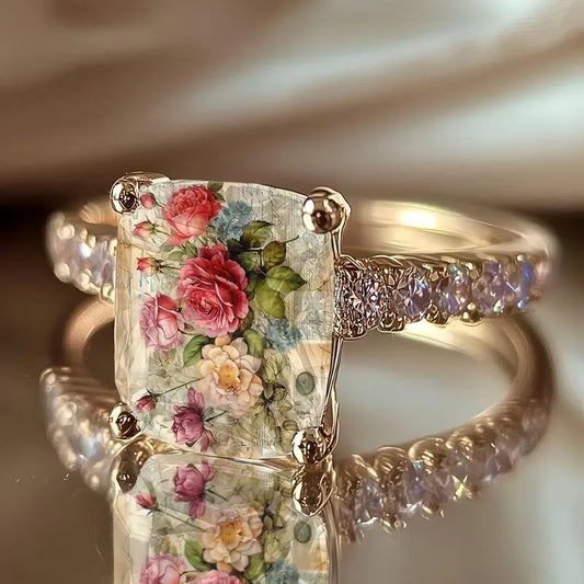 Vintage Rose Flower Pattern Rings for Women Gold Color Cubic Zirconia Ring Elegant Romantic Floral Statement Wedding Jewelry