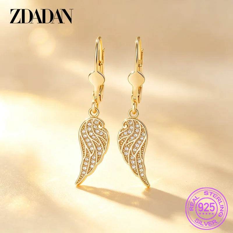 ZDADAN 925 Sterling Silver 18K Gold Angel Wings Zircon Long Drop Earrings For Women Party Jewelry