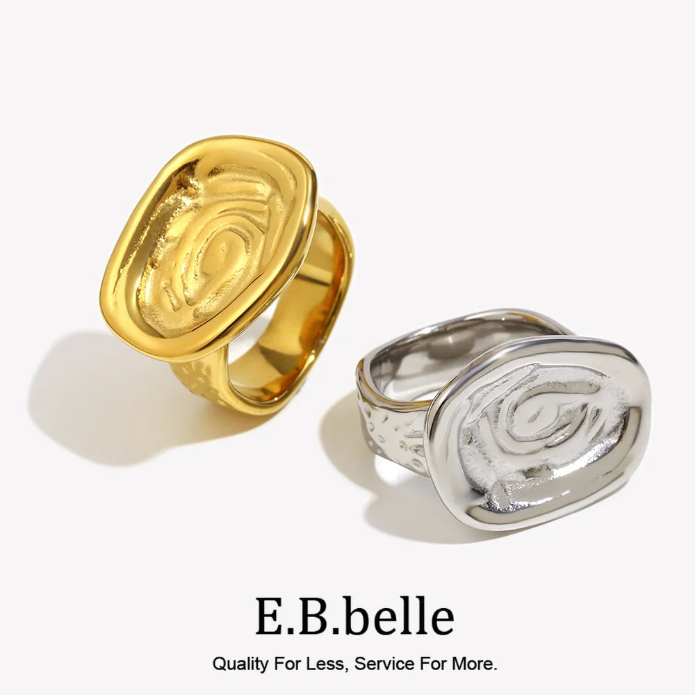 E.B.belle Stainless Steel Irregular Pattern Ring 18K Gold Plated Tarnish Free Hypoallergrnic Charm Jewelry For Wome's Gift