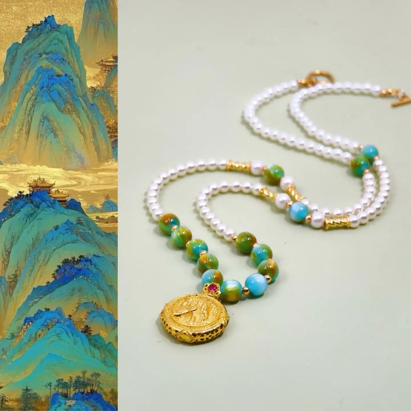 Year of the Horse Limited Oil Painting Gilded Pearl Pendant, Chinese Style Double layered Shijia High quality Pearl Necklace, Ho