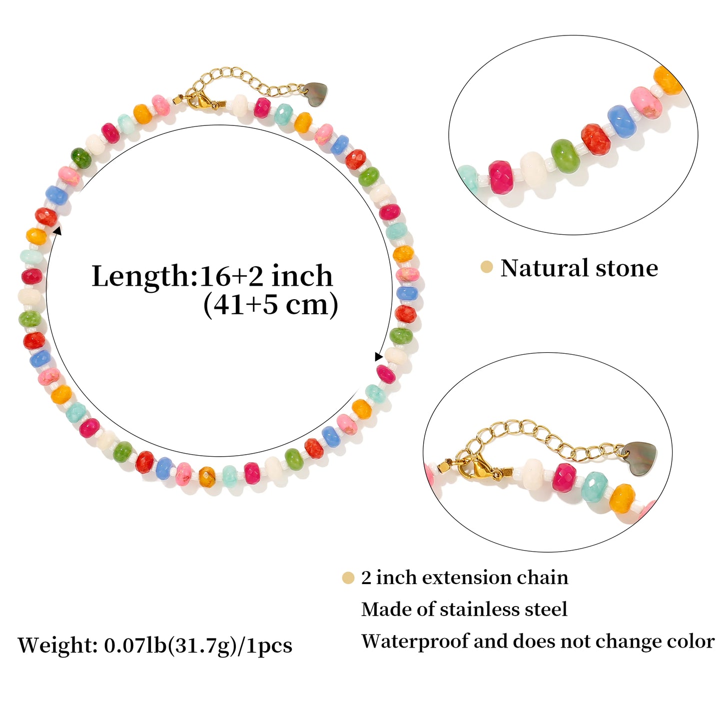 Badu Colorful Natural Stone Beads Necklaces for Women Bohomian Gemstone Beaded Choker Summer Beach Trendy Boho Jewelry Gift