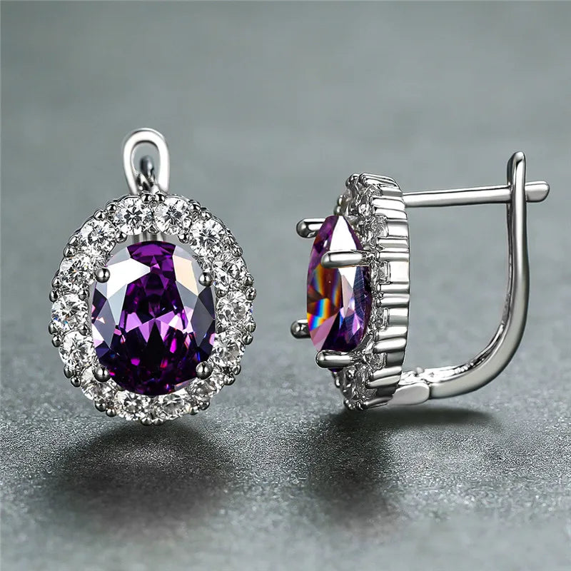 Luxury Crystal Purple Oval Stone Earrings Multicolor Zircon Small Hoop Earrings Classic Silver Color Wedding Earrings For Women