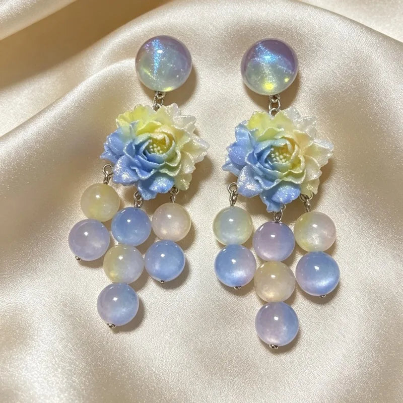 Gradient Floral Earrings for Women Tassels Beads Vintage Palace Style Jewelry Elegant Fashion Light Luxury Aretes De Mujer