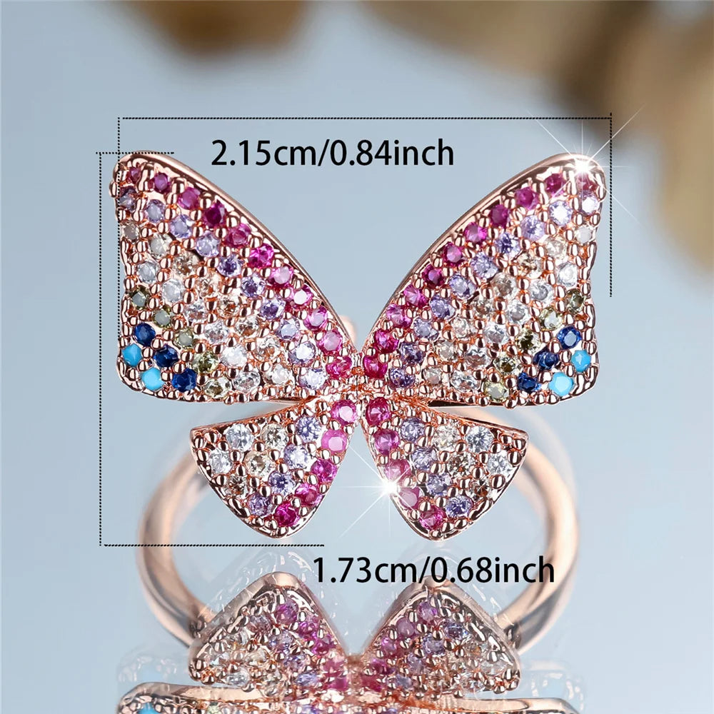 Charm Female Rainbow Butterfly Stone Adjustable Open Ring Gold Silver Color Cute Gift Wedding Jewelry For Women