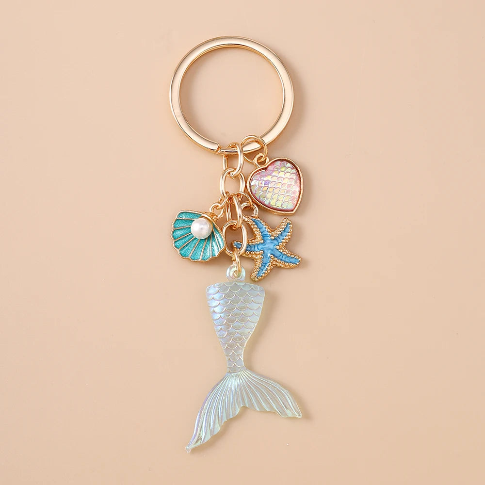Summer Beach Mermaid Shell Starfish Keychain Women Girls Pearl Love Heart Key Ring Pendants for Handbag Decor DIY Jewelry Gifts
