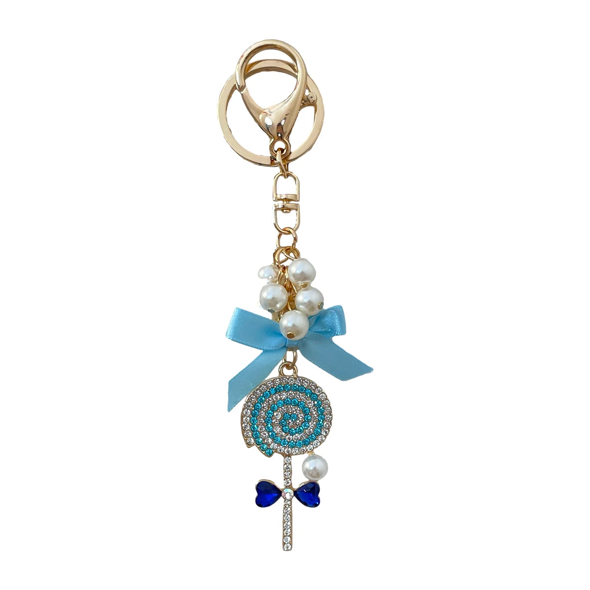 Cartoon Anime Love Pearl Blue Crystal Bow Lollipop Keychain Souvenir Gift for Family Friends