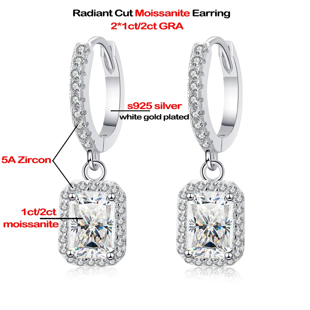 1ct 2ct Emerald/Radiant Cut Moissanite Drop Earrings for Women 925 Sterling Silver Plated PT950 Sparkling Hoop Earring With GRA
