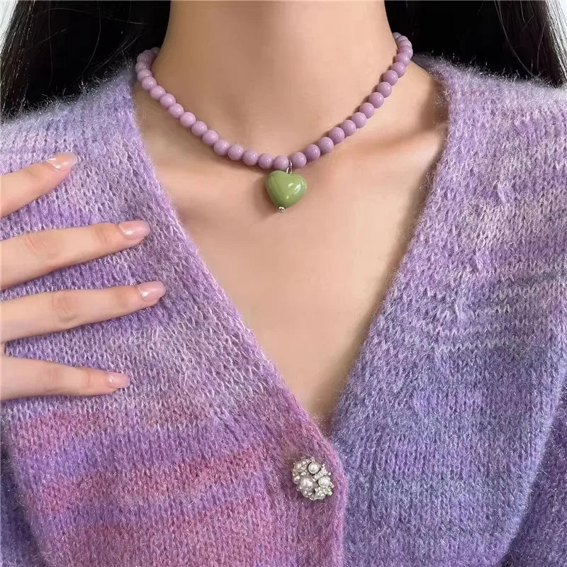 Kpop Resin Candy Color Heart Pendant Glass Beaded Short Choker Collar Neck Necklace Aesthetic Charm Jewelry Y2K Accessories