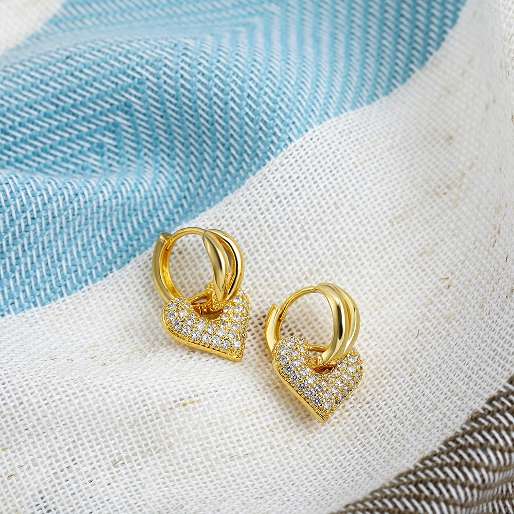 Exquisite CZ Crystal Love Heart Hoop Earrings for Women Cubic Zirconia Gold Color Sweet Cute Hollow Earrings Fashion Jewelry