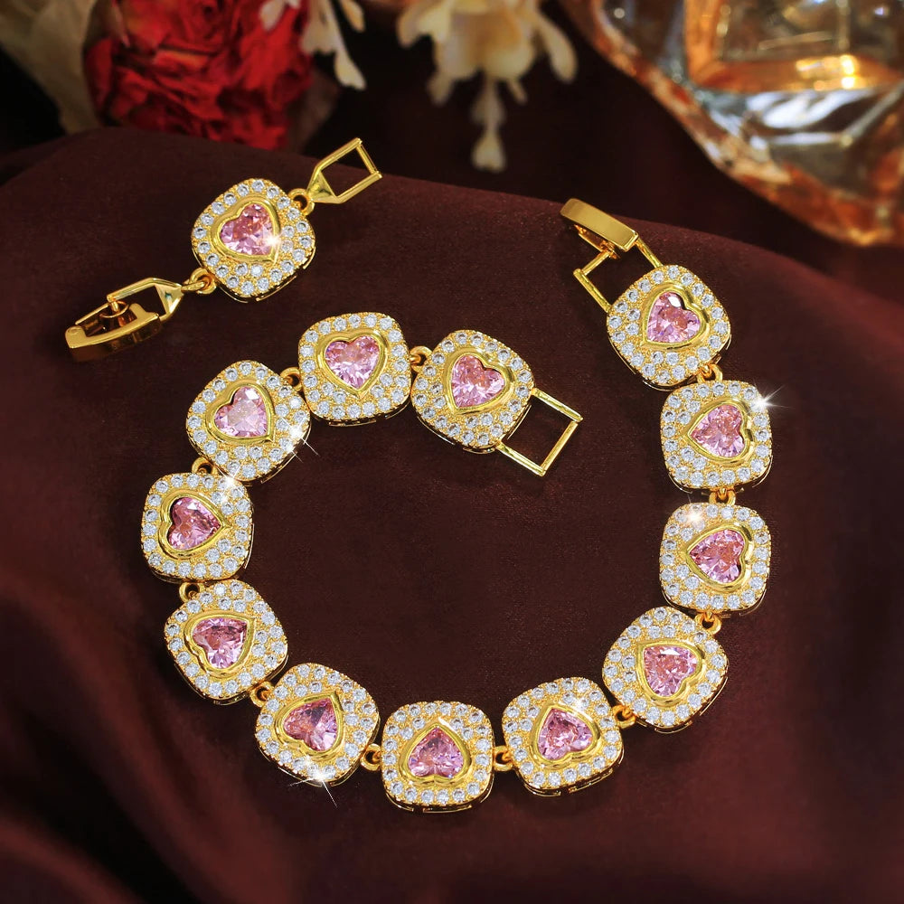 ThreeGraces Luxury Brilliant Pink Heart Zirconia Bridal Wedding Evening Party Geometric Link Chain Bracelet for Women BR474