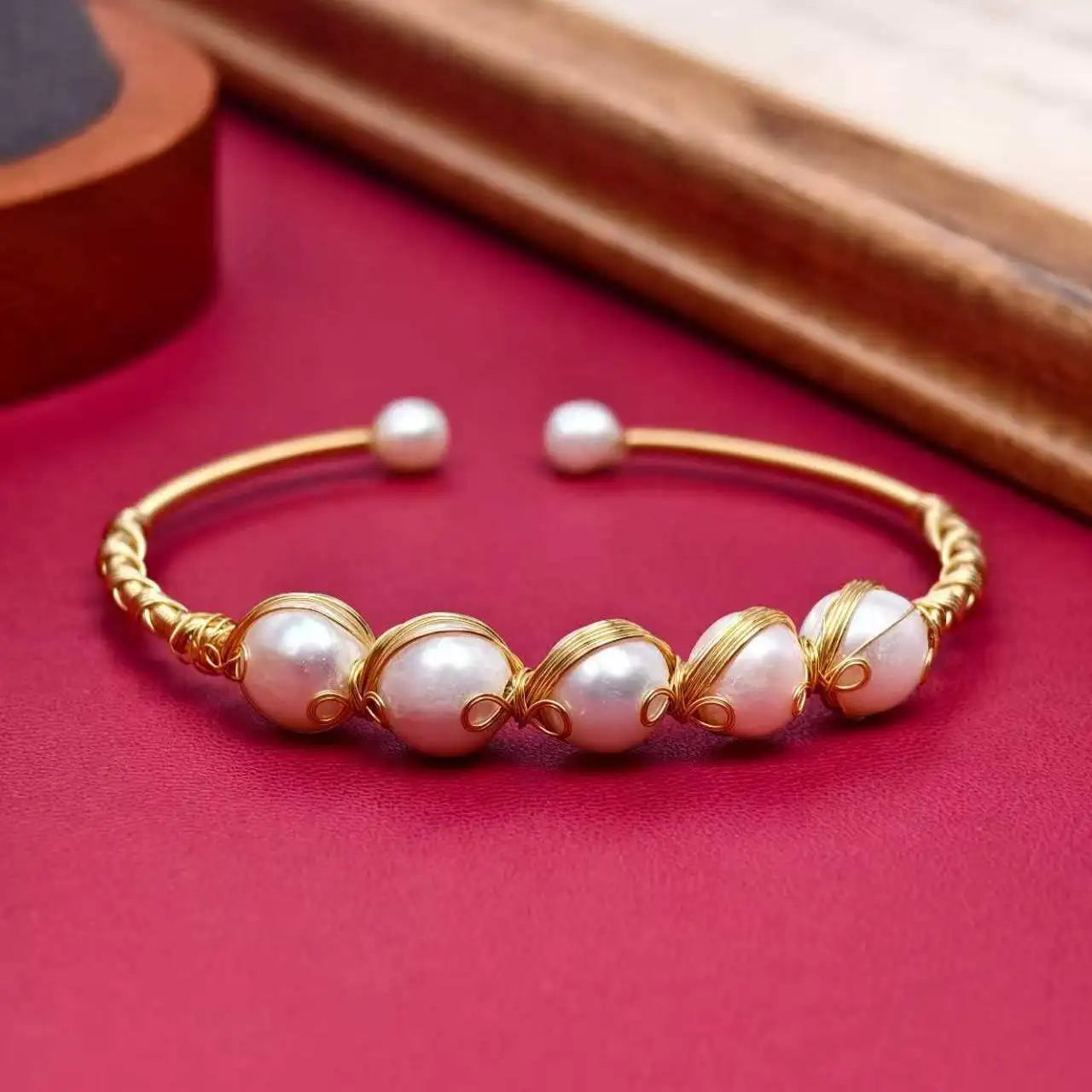 Handmade Open Bracelet with Natural Freshwater Pearls, Forest-Inspired Adjustable Wristband, Authentic Instagram Fairytale Style