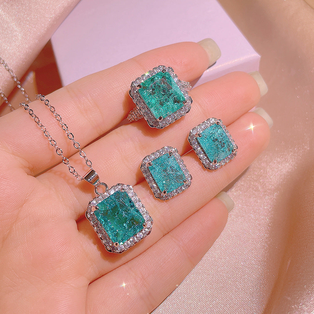 Haute Couture New Square Paraiba Ring Earring Necklace Three-piece Suit Women's Cocktail Party Gift Direct Sale