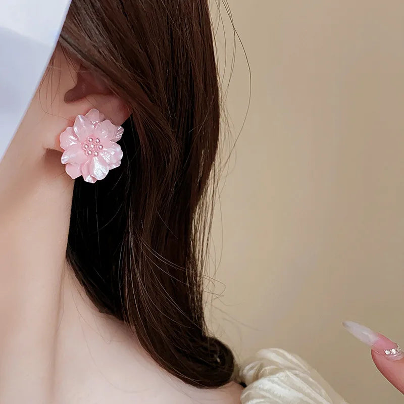 Kaitin Acrylic Pink Flower Pearl Earrings Ins Simple and Fashionable Earrings Temperament Versatile Earrings Wholesale for Women