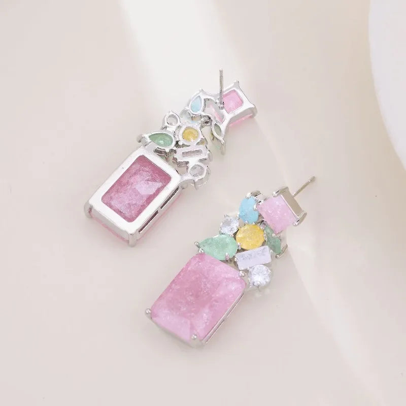 S925 Sterling Silver Colorful Ice Flower Zircon French Drop Earrings Geometric Fashion Jewelry for Women Girls Daily Wear Gift