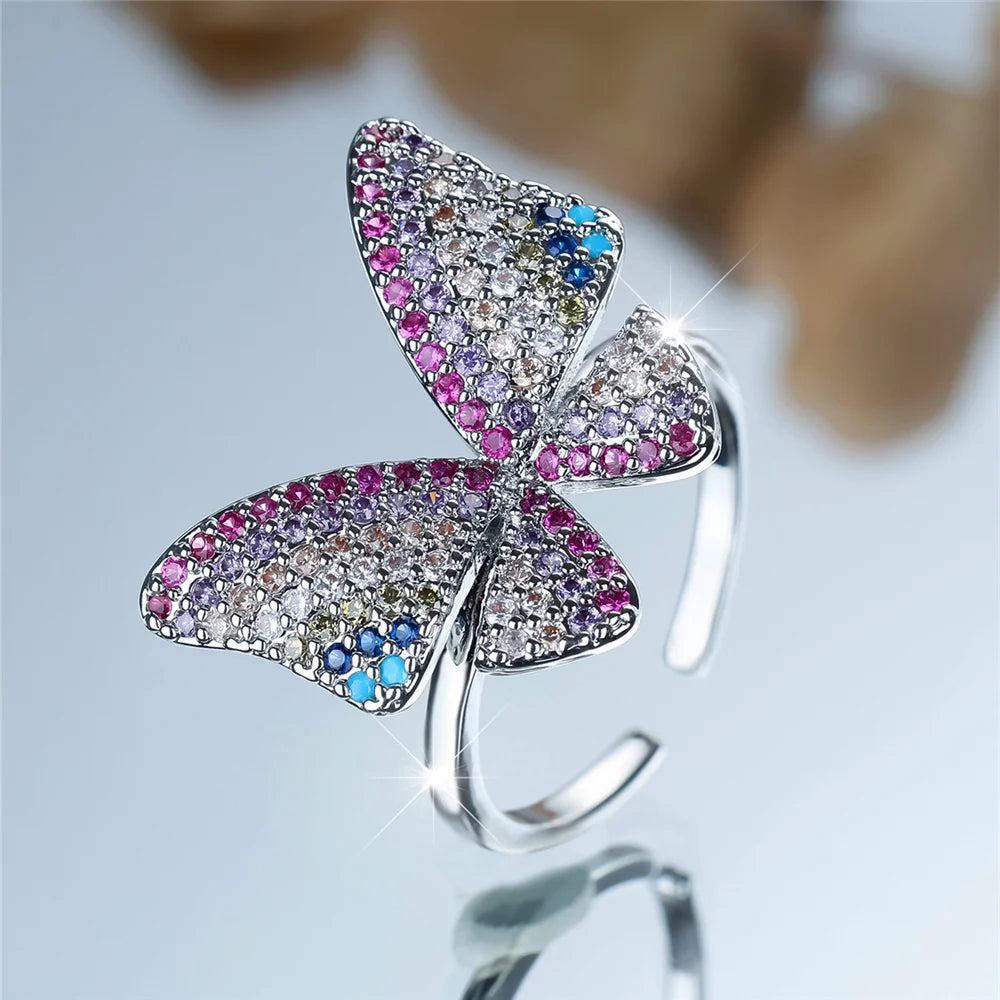 Charm Female Rainbow Butterfly Stone Adjustable Open Ring Gold Silver Color Cute Gift Wedding Jewelry For Women