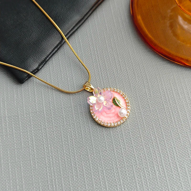 ANENJERY 316L Stainless Steel Pink Blue Round Card Flower Necklace For Women Glamorous French Lady Jewelry Gifts Wholesale