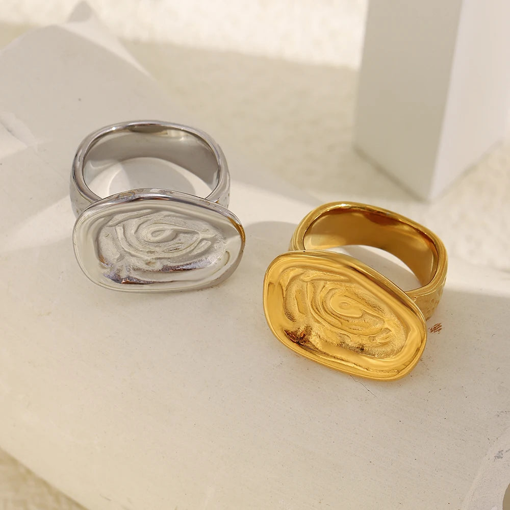 E.B.belle Stainless Steel Irregular Pattern Ring 18K Gold Plated Tarnish Free Hypoallergrnic Charm Jewelry For Wome's Gift