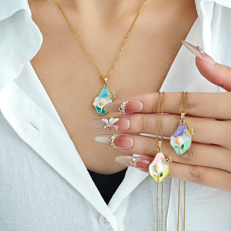 ANENJERY 316L Stainless Steel Irregular Pendant Flower Butterfly Heart Necklace For Women Romantic Niche Jewelry Gifts Wholesale