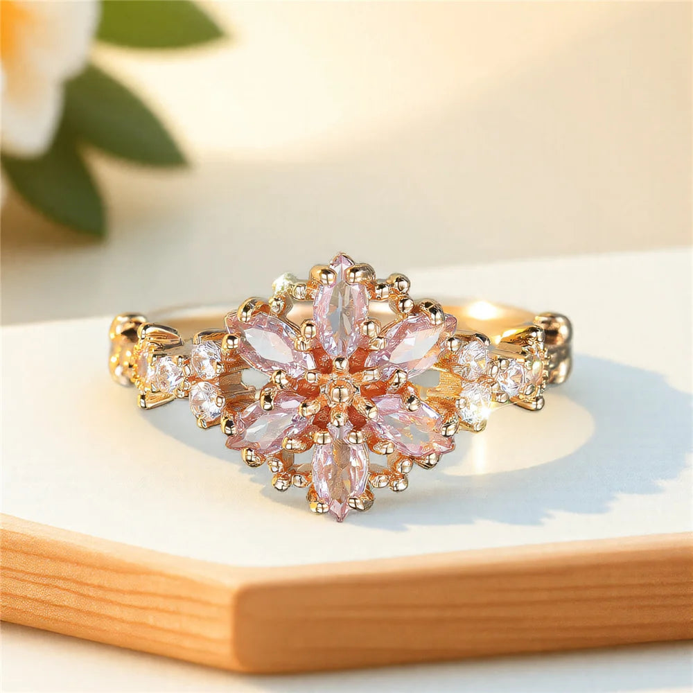 Cute Female Zircon Stone Flower Ring Gold Color Engagement Charm Wedding Jewelry For Women