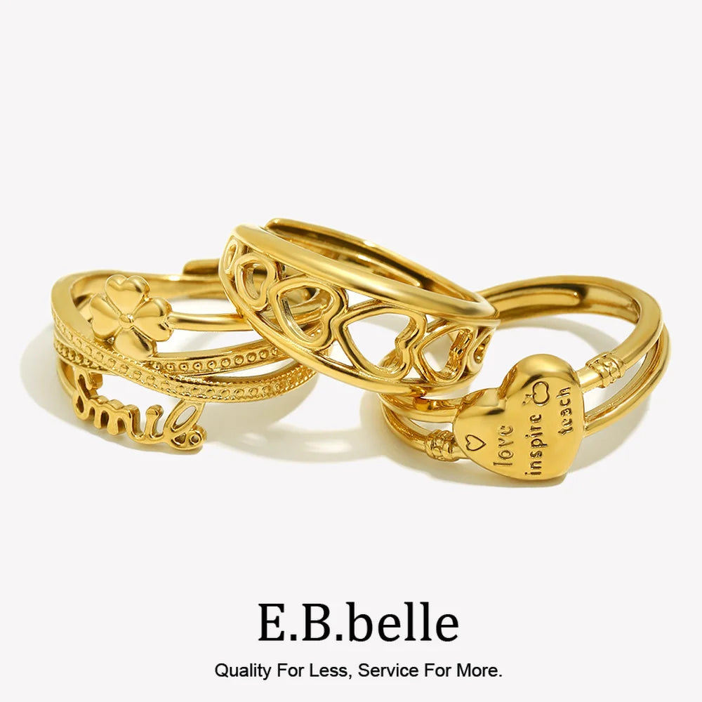 E.B.belle Stainless Steel Open Series Heart Flower Ring Gold Artistic And Sweet Design Women's Jewelry Accessories For Gift