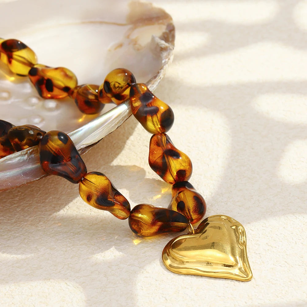 E.B.belle Leopard Print Natural Stone String Necklace With Heart Pendant Charm Personalized Design For Daily Life Birthday Party