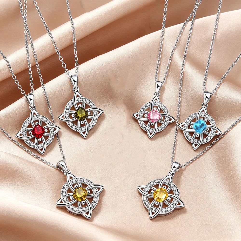 Dainty 5A Birthstone Pendant Necklace 12 Pieces Zirconia Magic Witch Knot Necklace for Women Good Luck Amulet Protection Jewelry