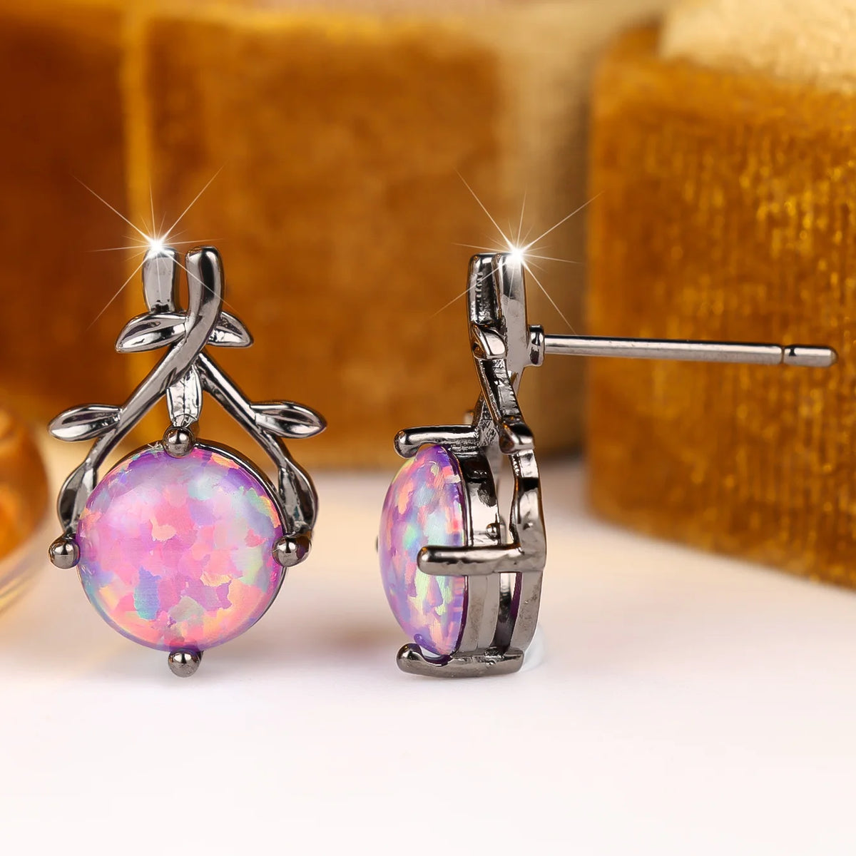 Charm Female Round Purple Opal Oval Trendy Stud Earrings Black Color Wedding Jewelry For Women