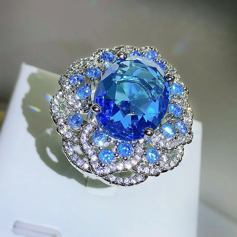 High Quality Sparkling Blue Zircon Large Flower Ring Female 925 Silver Fashion Wedding Party Proposal Jewelry Gift
