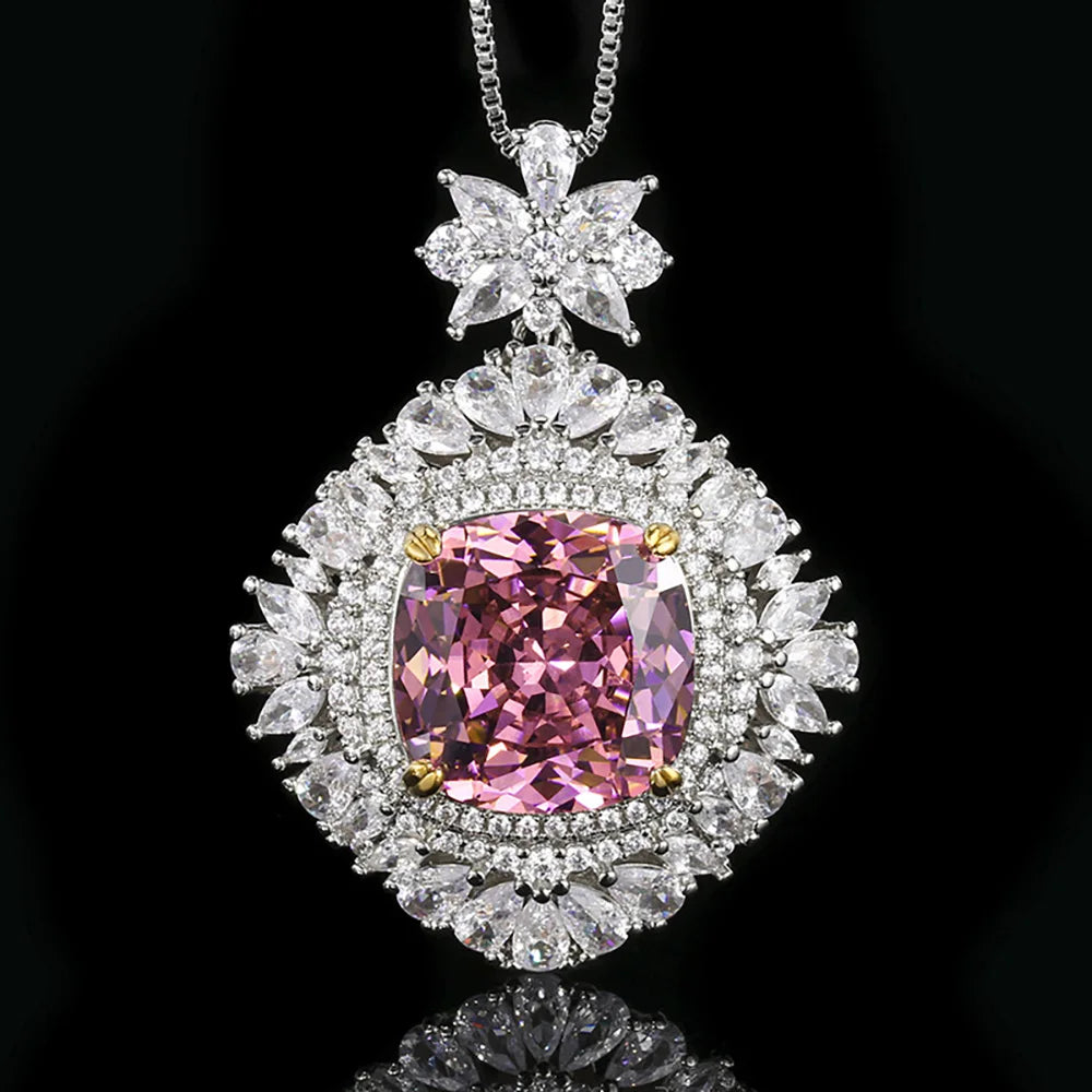 Trend Retro 16*16mm Sapphire Pink Quartz Big Pendant Necklace for Women Gemstone Cocktail Party Fine Jewelry Accessories Gift
