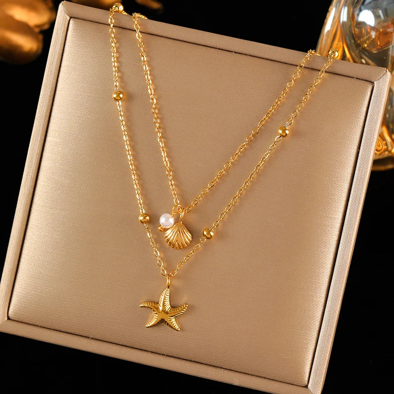 EILIECK Women's Retro Star Moon Pendant Necklace 18K Gold PVD Plated Stainless Steel Waterproof Layered Neck Chain Daily Jewelry