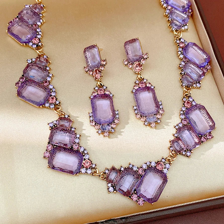1 Pcs Purple Square Rhinestones Chokers Necklaces Retro Shiny Geometric Drop Earring Luxury Jewelry Set Gifts Wedding Party N