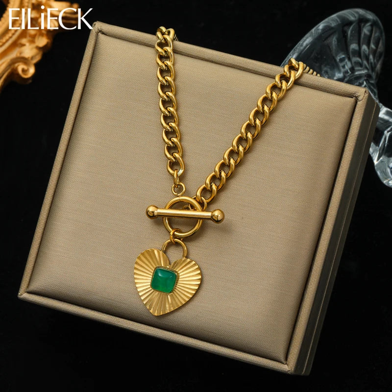 EILIECK 316L Stainless Steel Heart Love Green Crystal Pendant Necklace Earrings for Women Fashion Punk Jewelry Set Gift Party