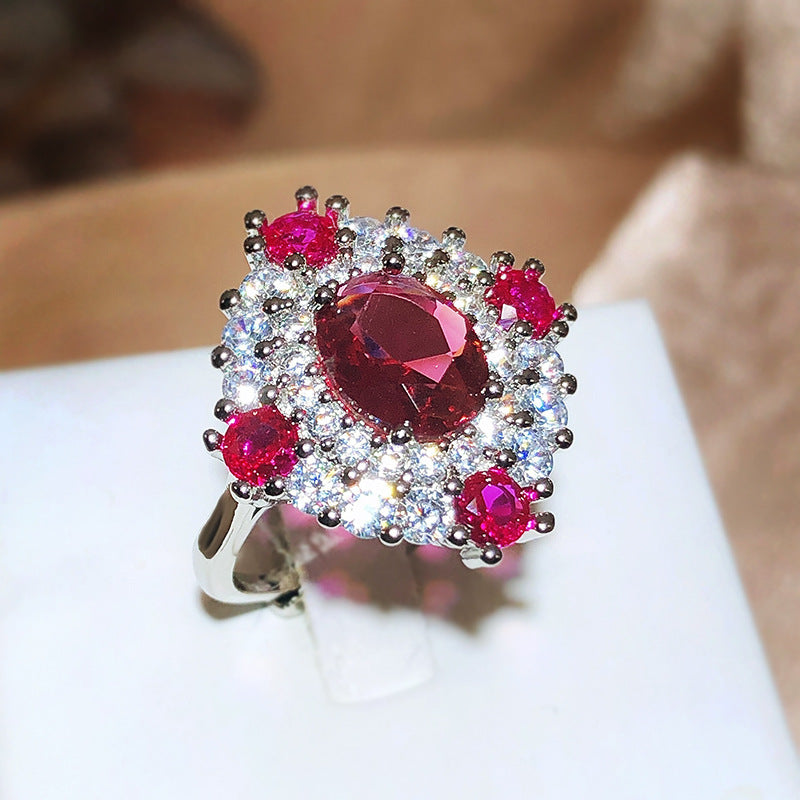 Vintage Jewelry Long Ring Ruby Rose Red Pendant Ring Crystal Luxury 925 Sterling Silver Wedding Gift To Girlfriend
