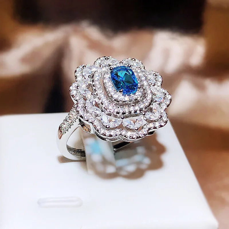 925 Silver Vintage Floral Blue Gemstone Ring Oval Sapphire Double Halo Cubic Zirconia Women Party Statement Ring