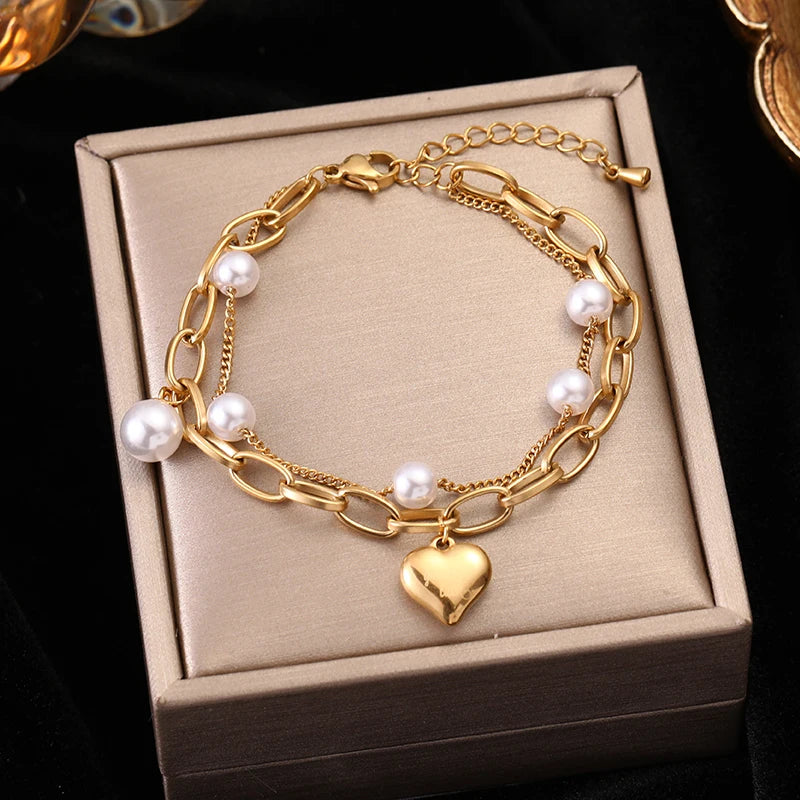 EILIECK 316L Stainless Steel Fashion Heart Love Charm Bracelet For Women New Trendy Waterproof Wrist Chain Jewelry Lady Gift