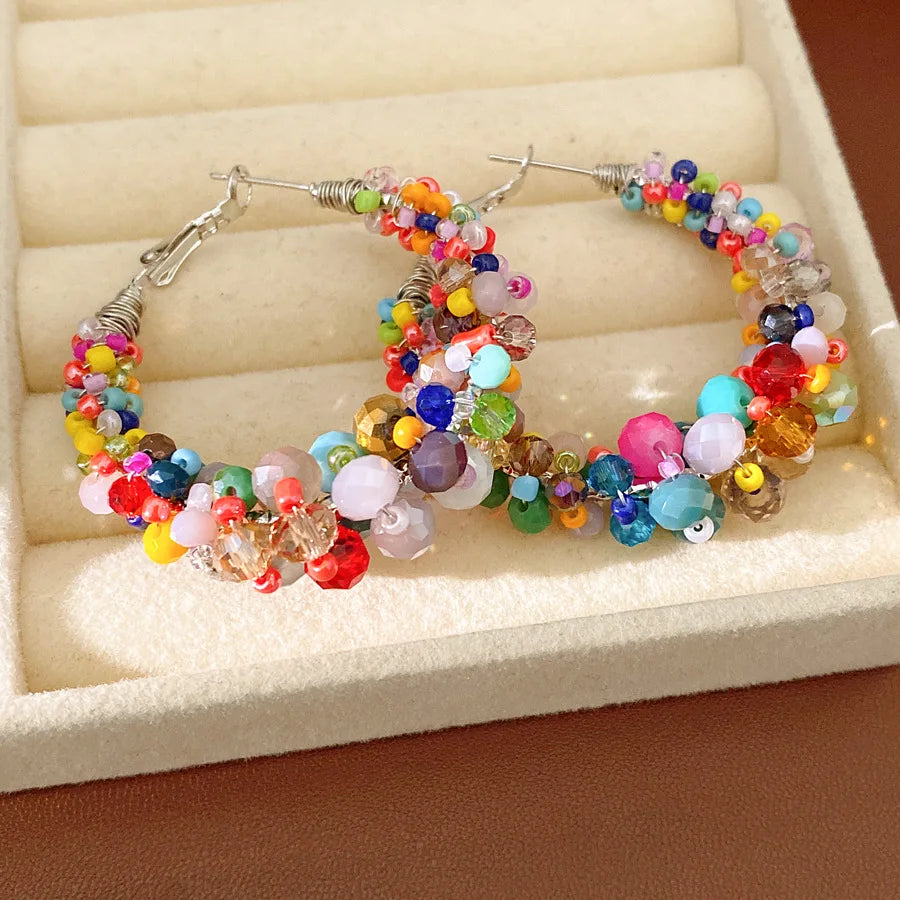 Colorful Glass Beaded Cluster Hoop Earrings for Women Shiny Wrapped Circle Huggie Earrings Vacation Festival Beach Jewelry N