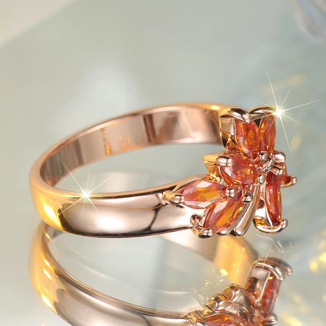 Cute Female Red Zircon Stone Tree Leaf Ring Rose Gold Color Engagement Charm Wedding Jewelry For Women