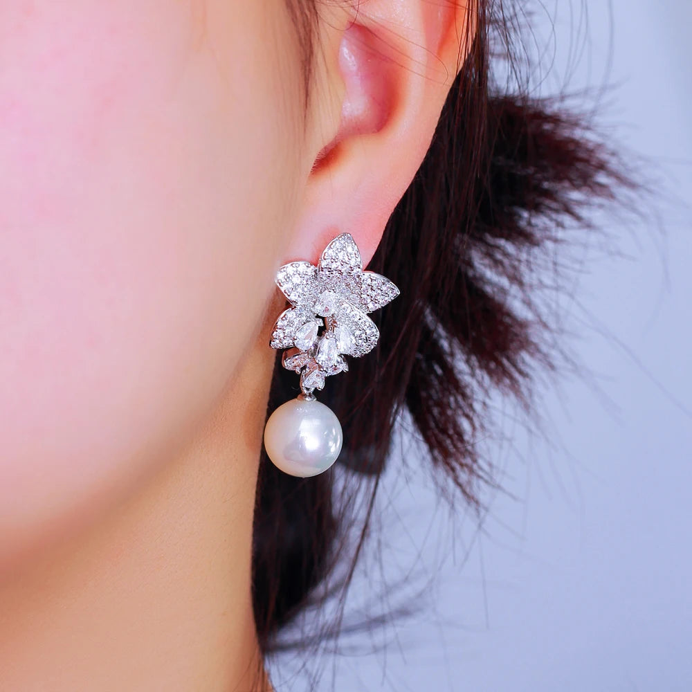 ThreeGraces Sparkling Cubic Zirconia Simulated Pearl Long Flower Dangle Earrings for Women Trendy Bridal Wedding Jewelry E1855