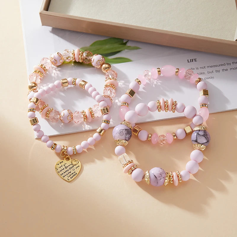4pcs/set Bohemian Stackable Bead Bracelets for Women Multilayered Bracelet Pendant Charm Stretch Bangles
