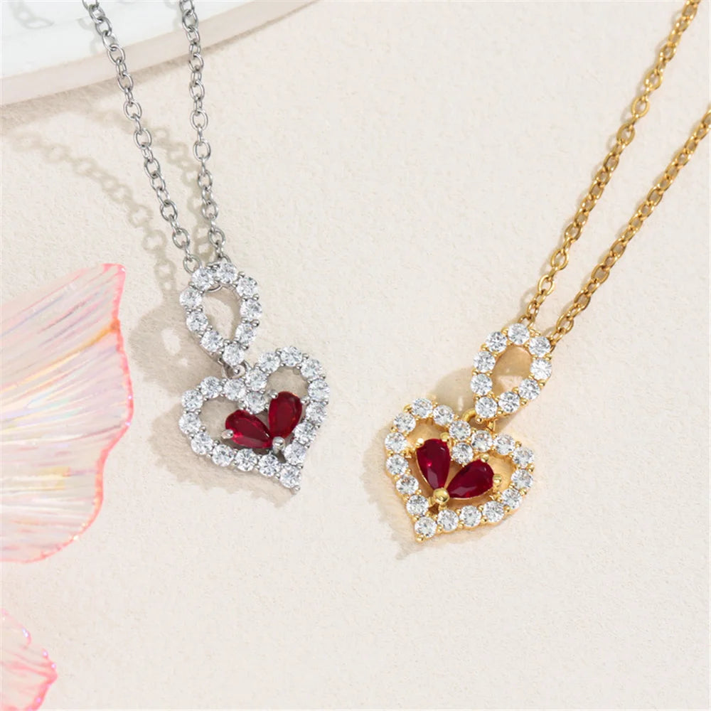 Small Heart Love Charm Female White Red Bule Zircon Fashion Pendant Necklace Gold Silver Color Wedding Jewelry For Cute Women