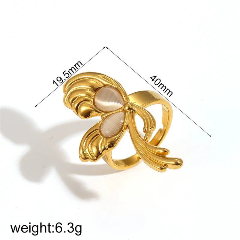 EILIECK 316L Stainless Steel Blue-purple Flowers Open Ring for Women Stylish Design Water Resistant Metal Finger Rings Jewelry